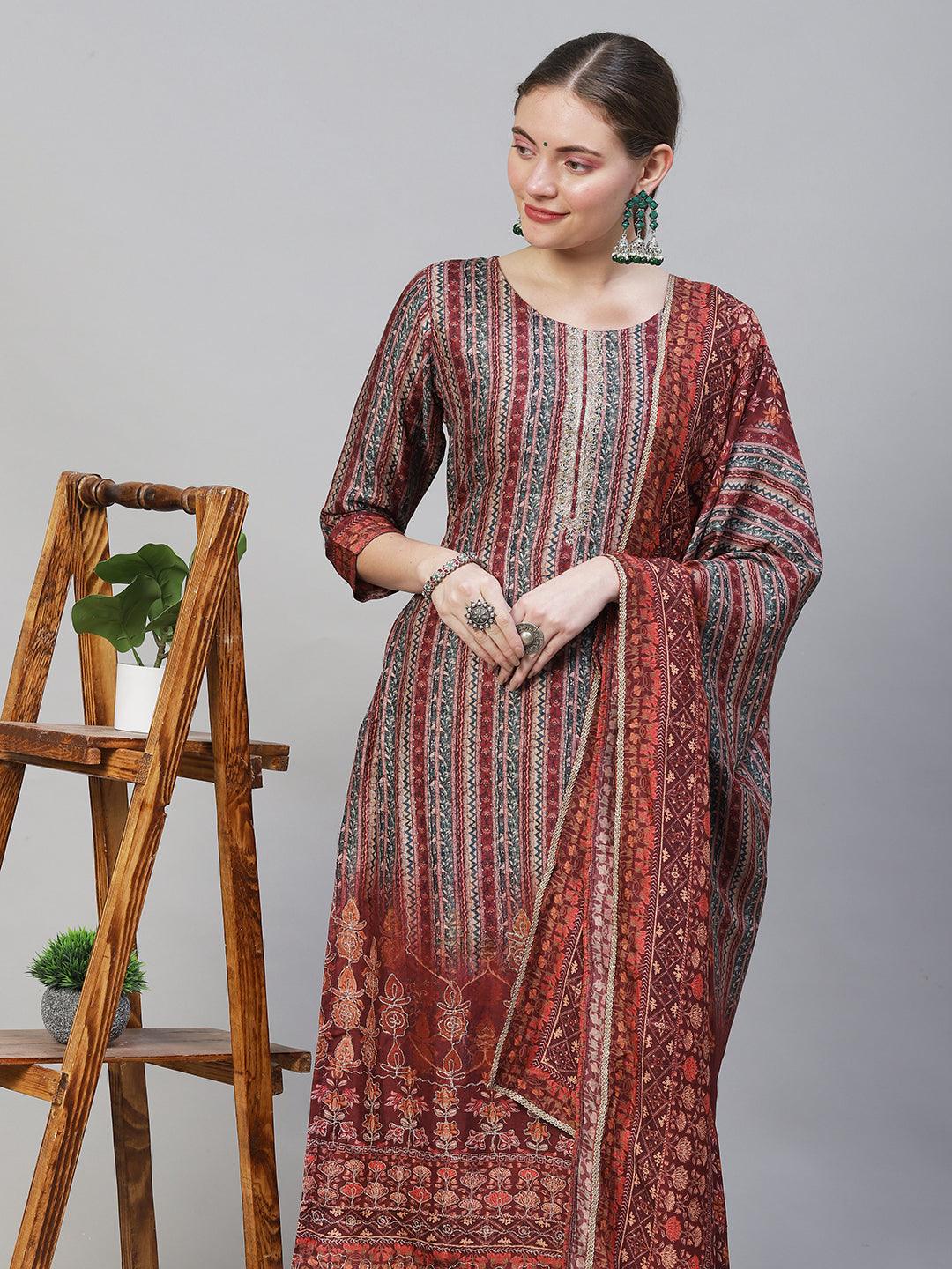 Ethnic Stripes Printed & Hand Embroidered Kurta with Pants & Dupatta - Multi - Indiakreations