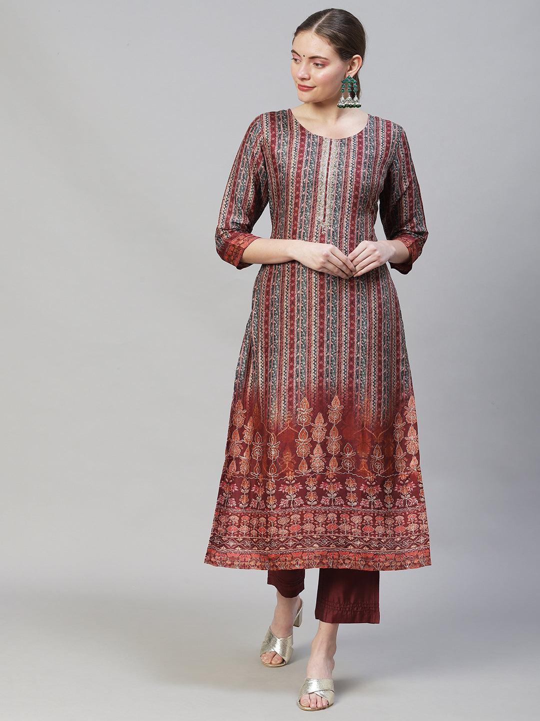 Ethnic Stripes Printed & Hand Embroidered Kurta with Pants & Dupatta - Multi - Indiakreations