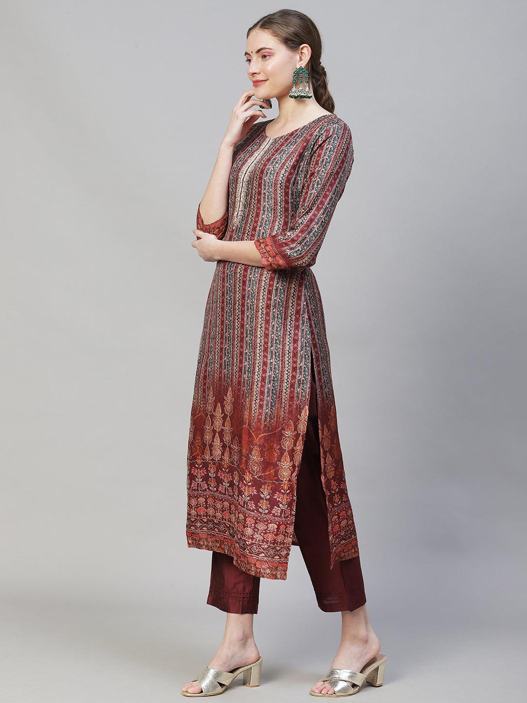 Ethnic Stripes Printed & Hand Embroidered Kurta with Pants & Dupatta - Multi - Indiakreations