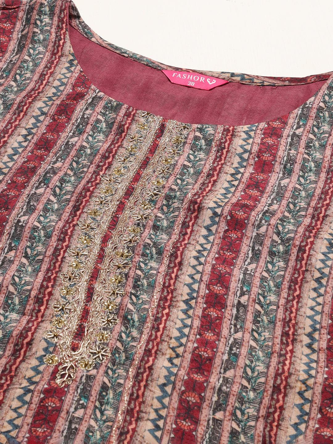 Ethnic Stripes Printed & Hand Embroidered Kurta with Pants & Dupatta - Multi - Indiakreations