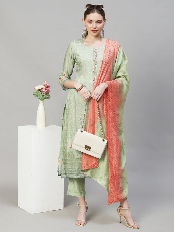 Floral Printed & Embroidered Straight Fit Kurta with Pants & Dupatta - Pastel Green - Indiakreations