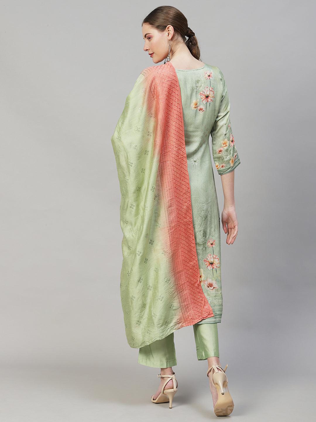 Floral Printed & Embroidered Straight Fit Kurta with Pants & Dupatta - Pastel Green - Indiakreations