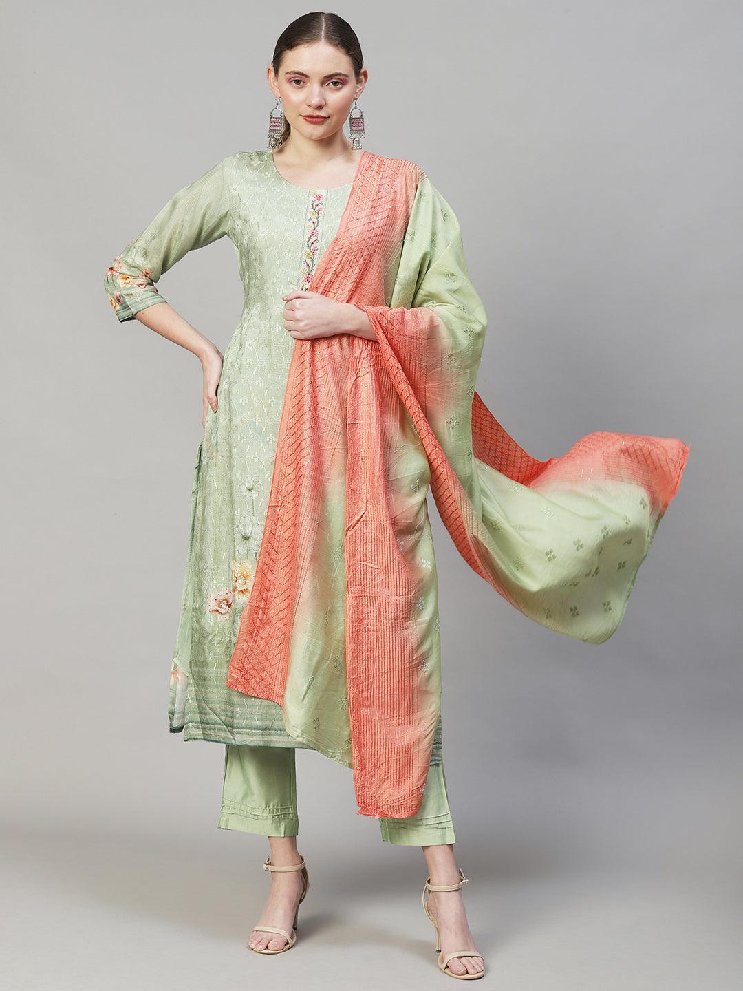 Floral Printed & Embroidered Straight Fit Kurta with Pants & Dupatta - Pastel Green - Indiakreations