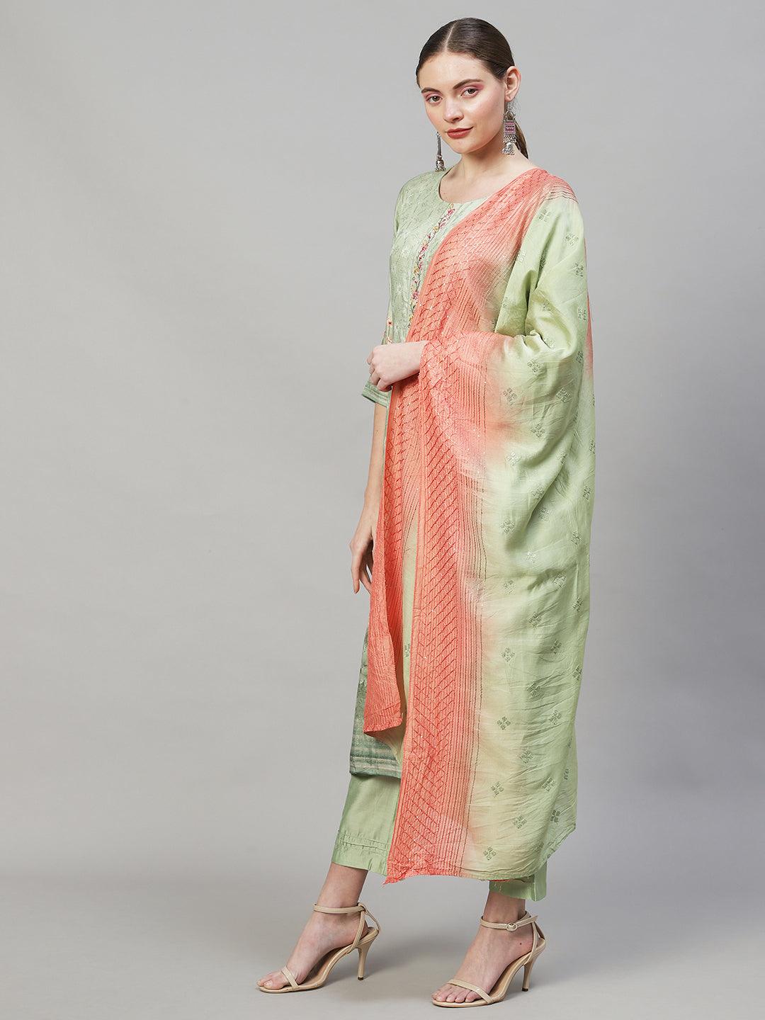 Floral Printed & Embroidered Straight Fit Kurta with Pants & Dupatta - Pastel Green - Indiakreations