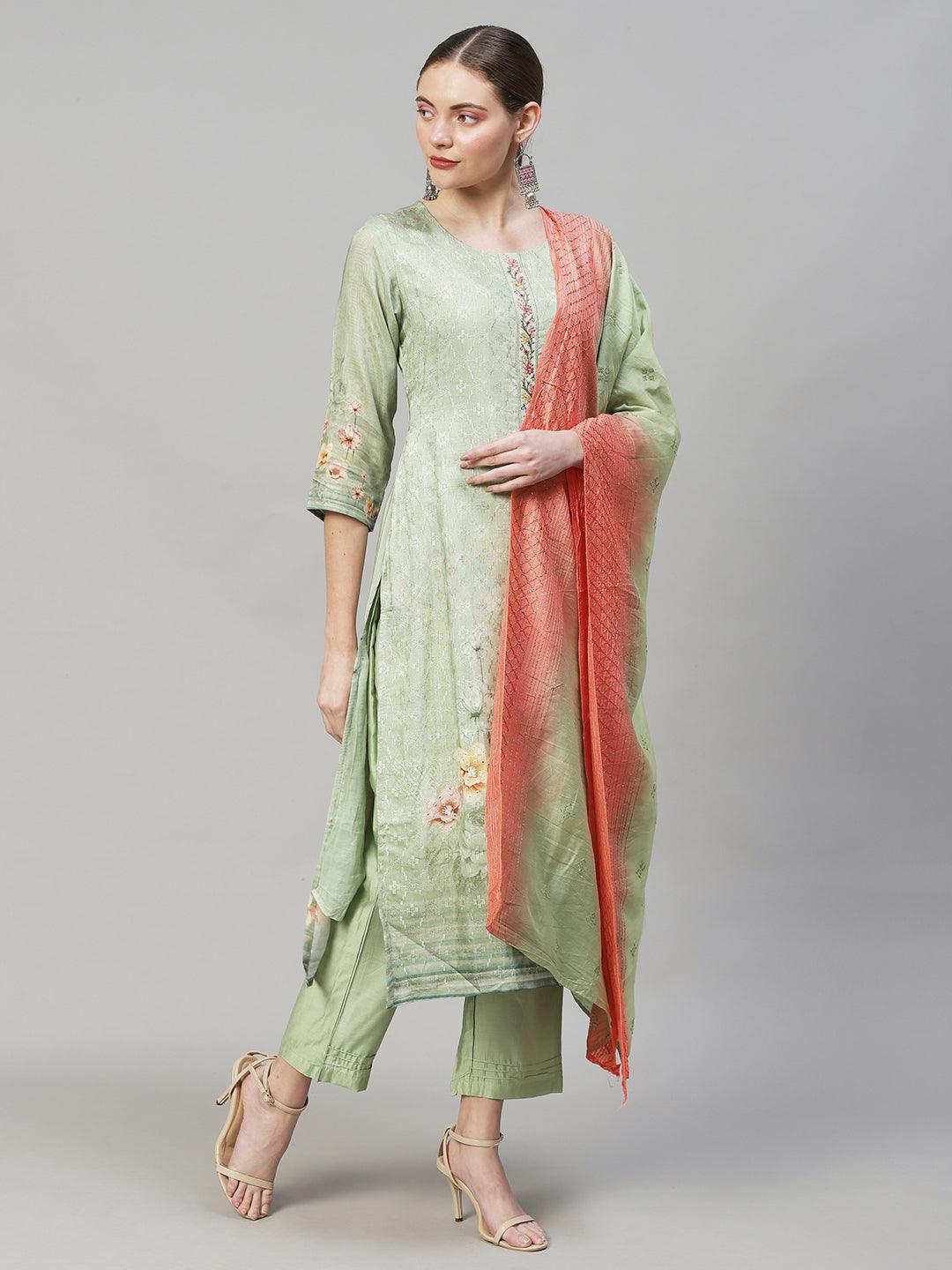 Floral Printed & Embroidered Straight Fit Kurta with Pants & Dupatta - Pastel Green - Indiakreations