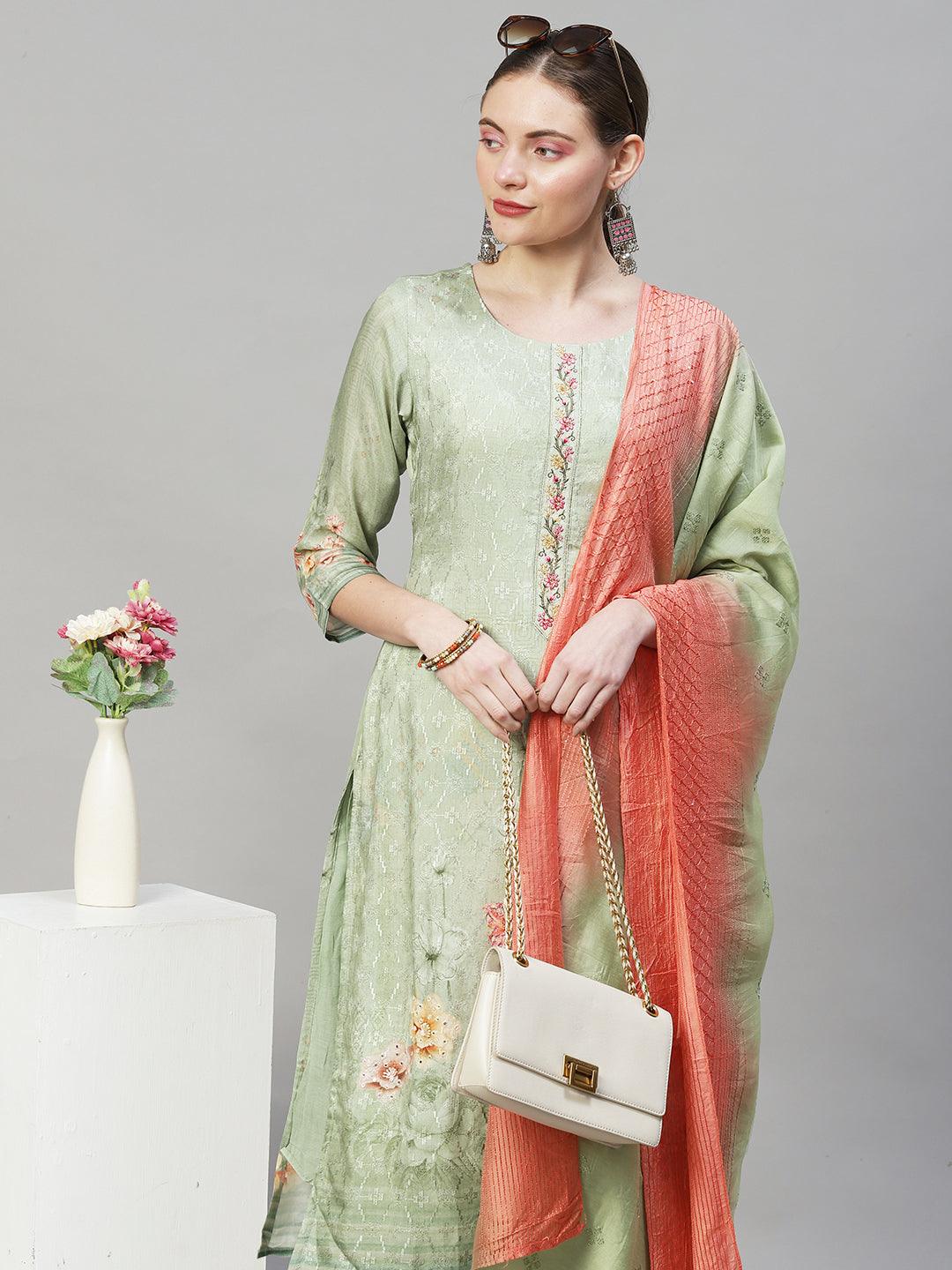 Floral Printed & Embroidered Straight Fit Kurta with Pants & Dupatta - Pastel Green - Indiakreations