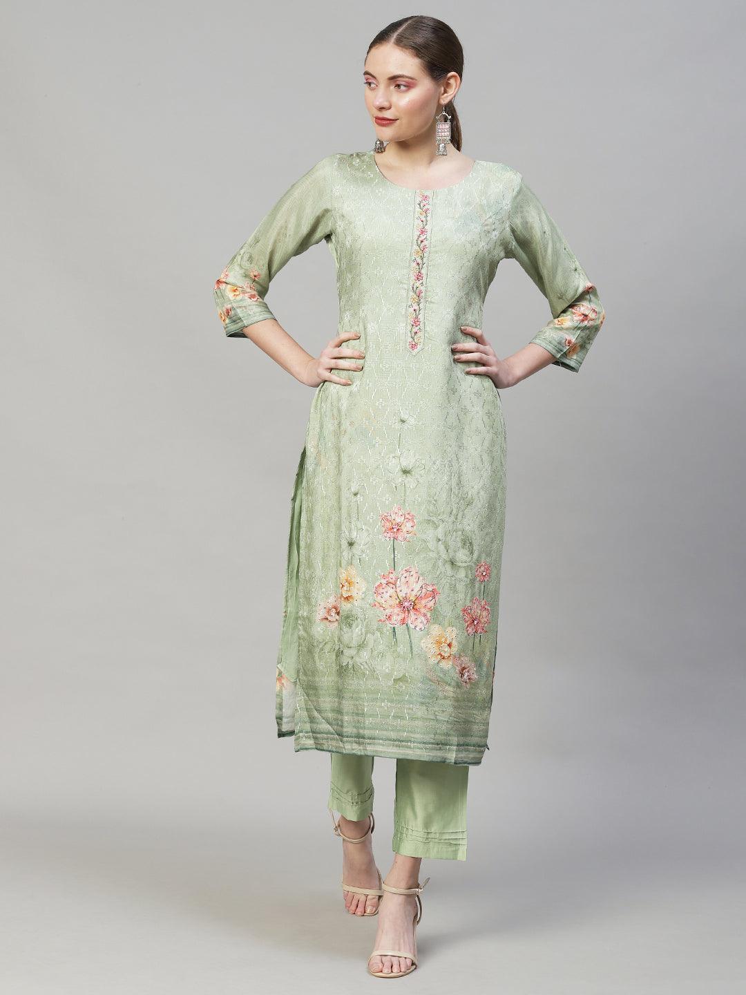 Floral Printed & Embroidered Straight Fit Kurta with Pants & Dupatta - Pastel Green - Indiakreations