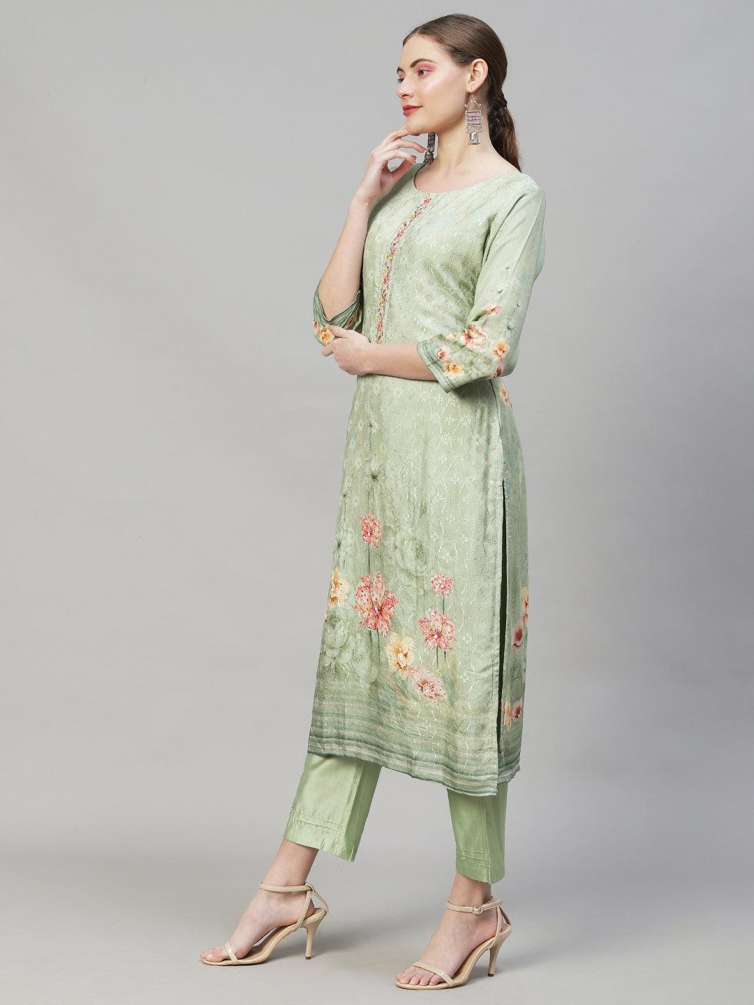 Floral Printed & Embroidered Straight Fit Kurta with Pants & Dupatta - Pastel Green - Indiakreations