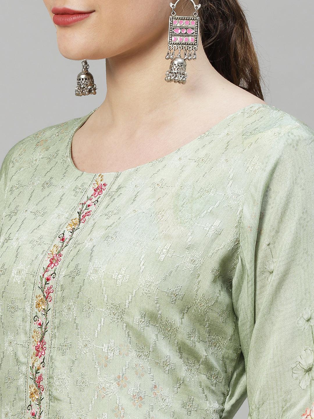 Floral Printed & Embroidered Straight Fit Kurta with Pants & Dupatta - Pastel Green - Indiakreations