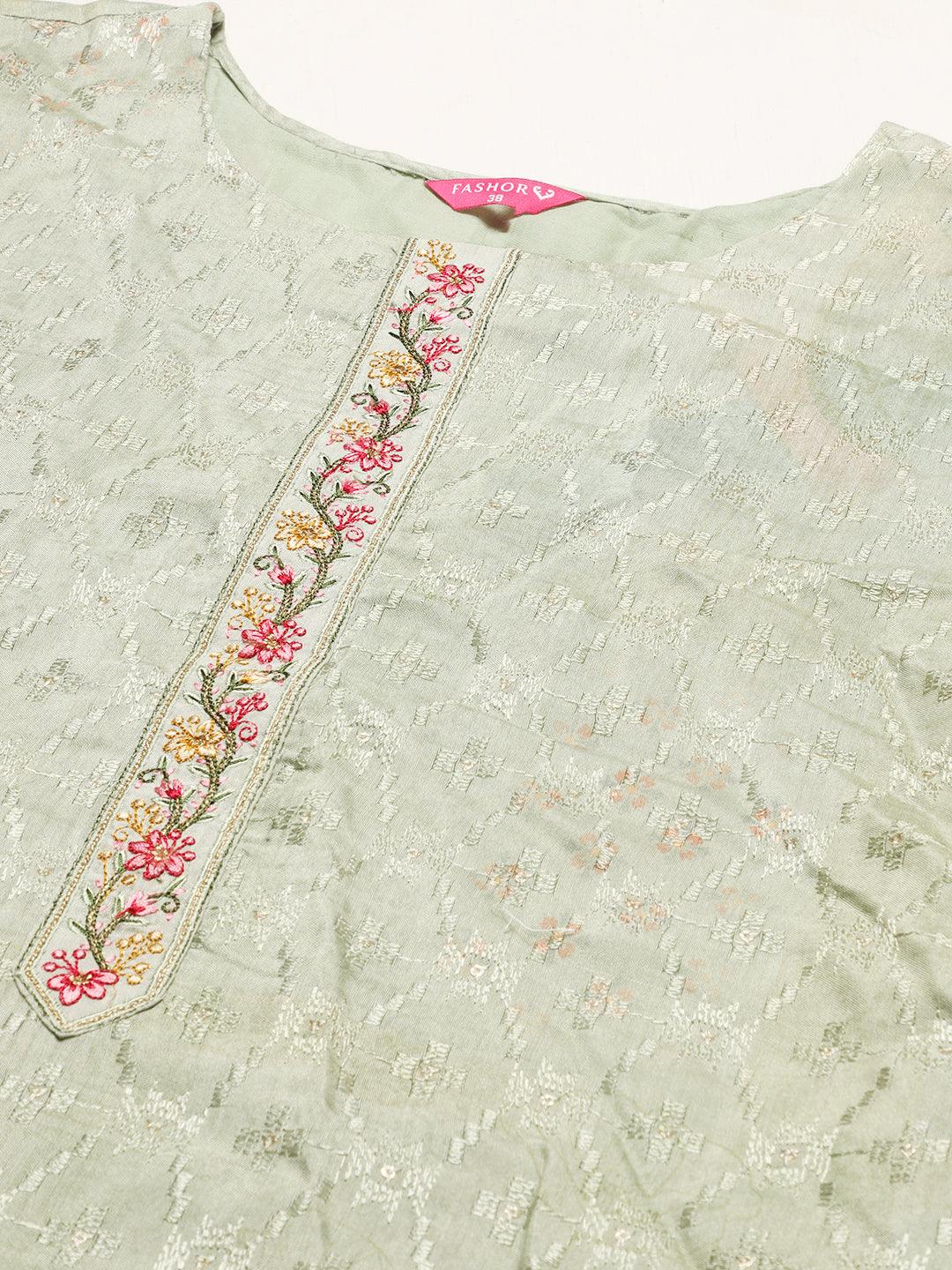 Floral Printed & Embroidered Straight Fit Kurta with Pants & Dupatta - Pastel Green - Indiakreations