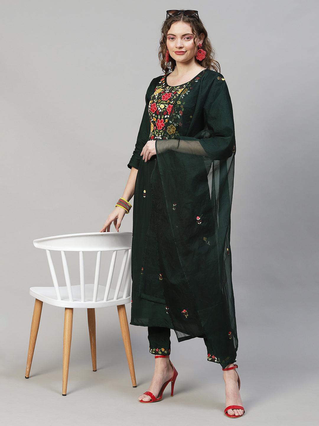 Floral Hand Embroidered Kurta with Pants & Dupatta - Dark Green - Indiakreations