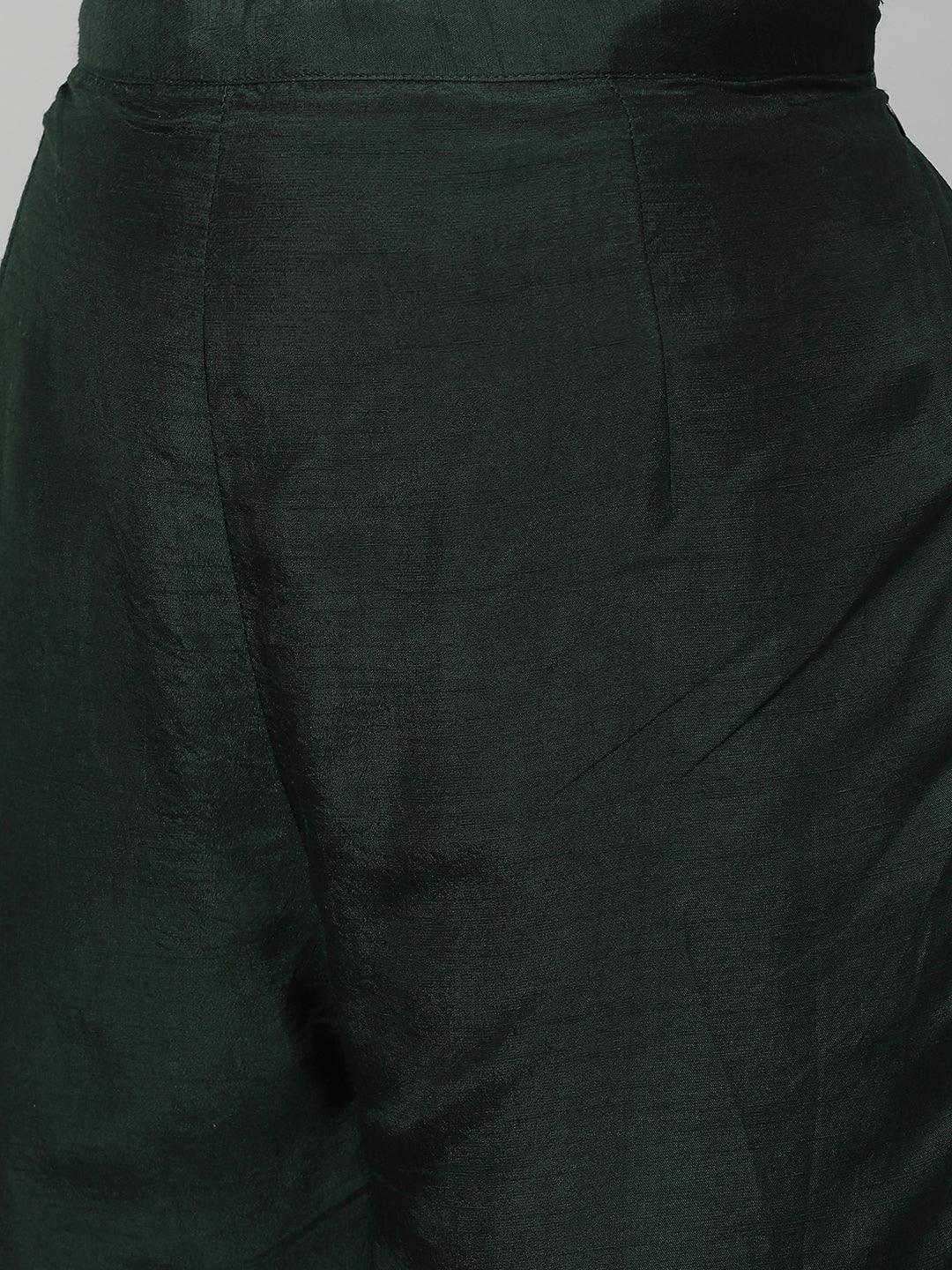 Floral Hand Embroidered Kurta with Pants & Dupatta - Dark Green - Indiakreations