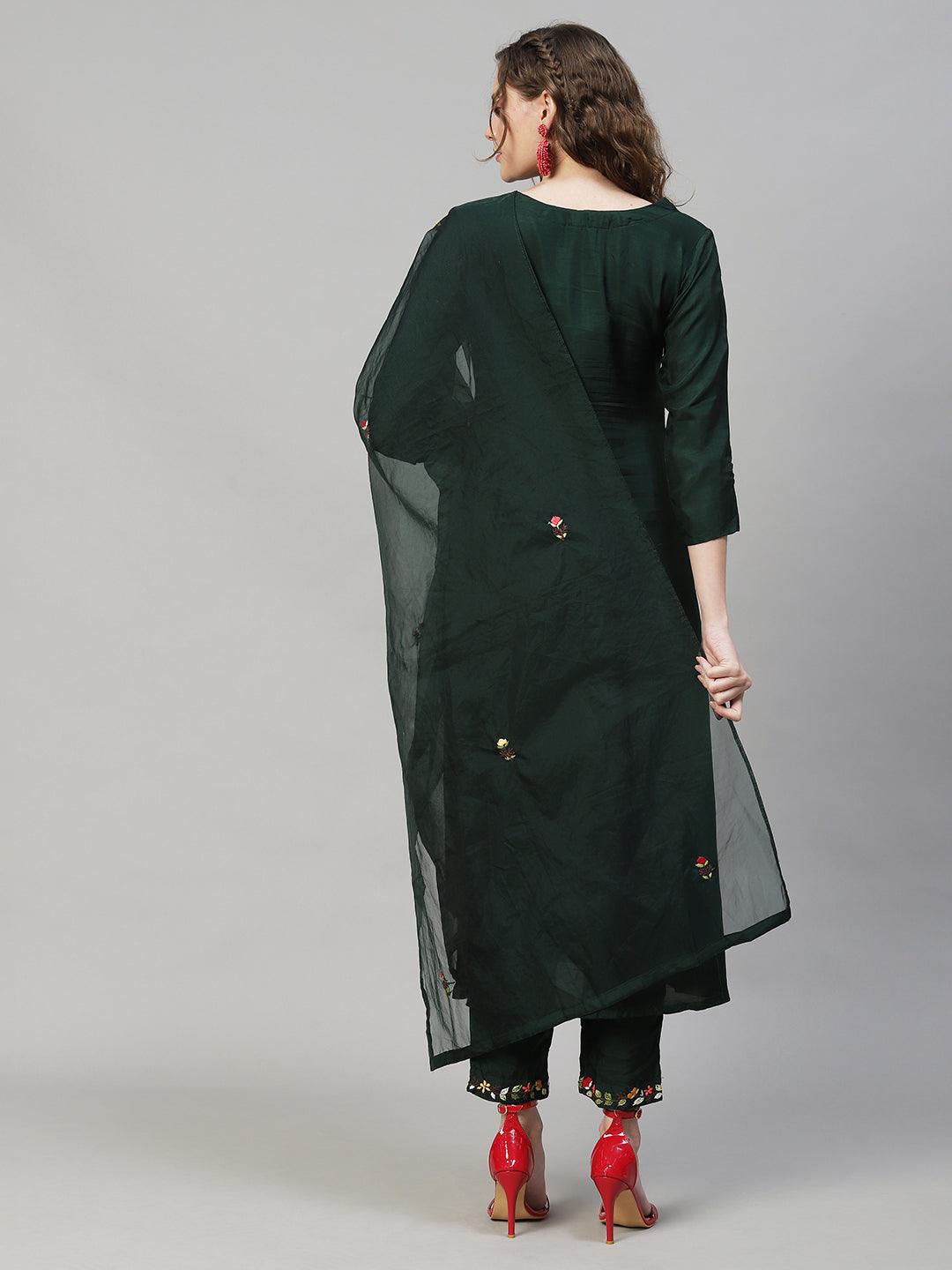 Floral Hand Embroidered Kurta with Pants & Dupatta - Dark Green - Indiakreations