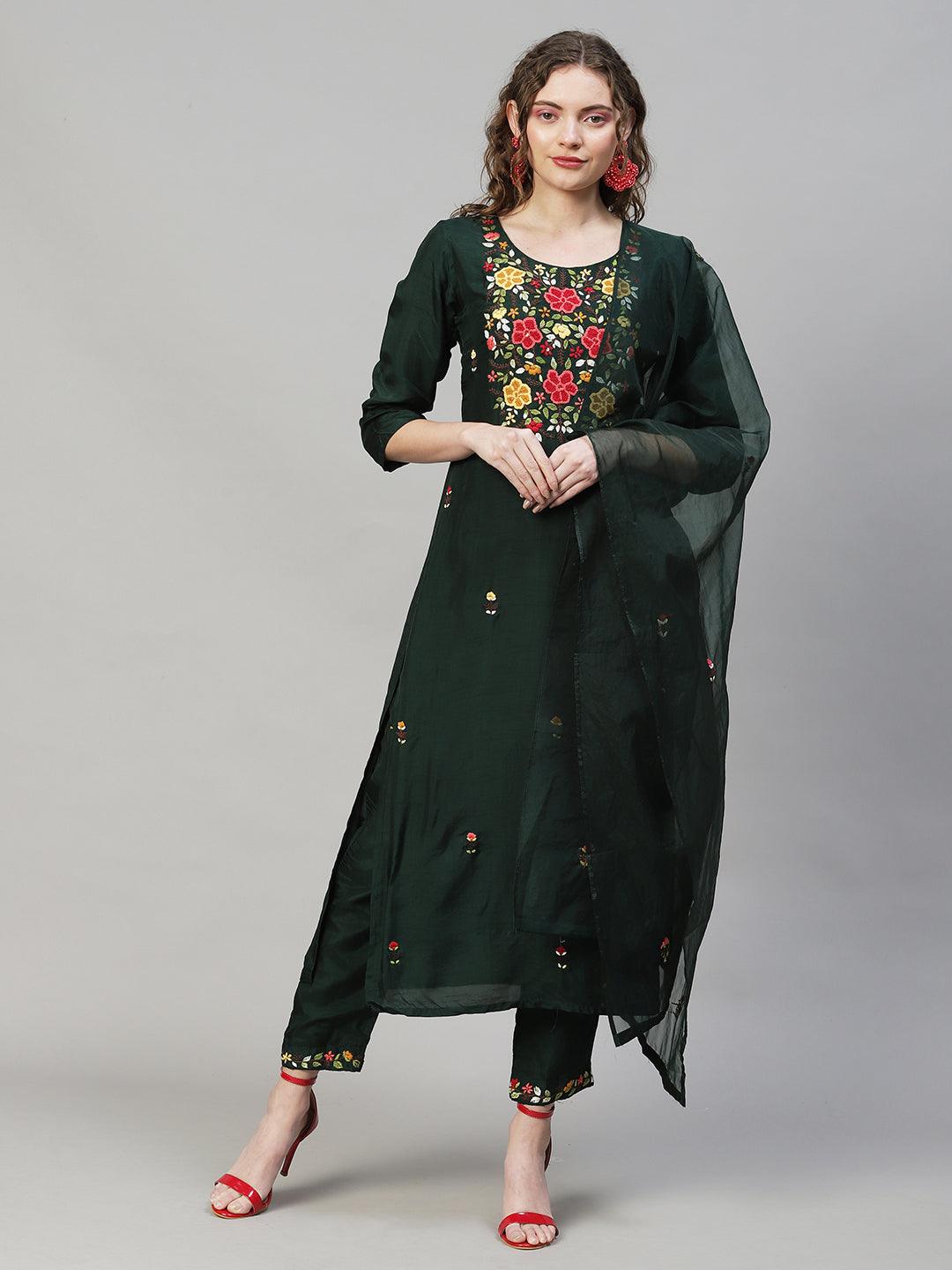 Floral Hand Embroidered Kurta with Pants & Dupatta - Dark Green - Indiakreations