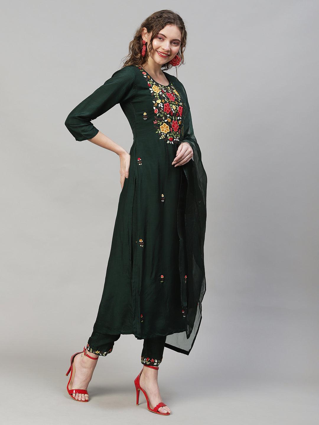 Floral Hand Embroidered Kurta with Pants & Dupatta - Dark Green - Indiakreations