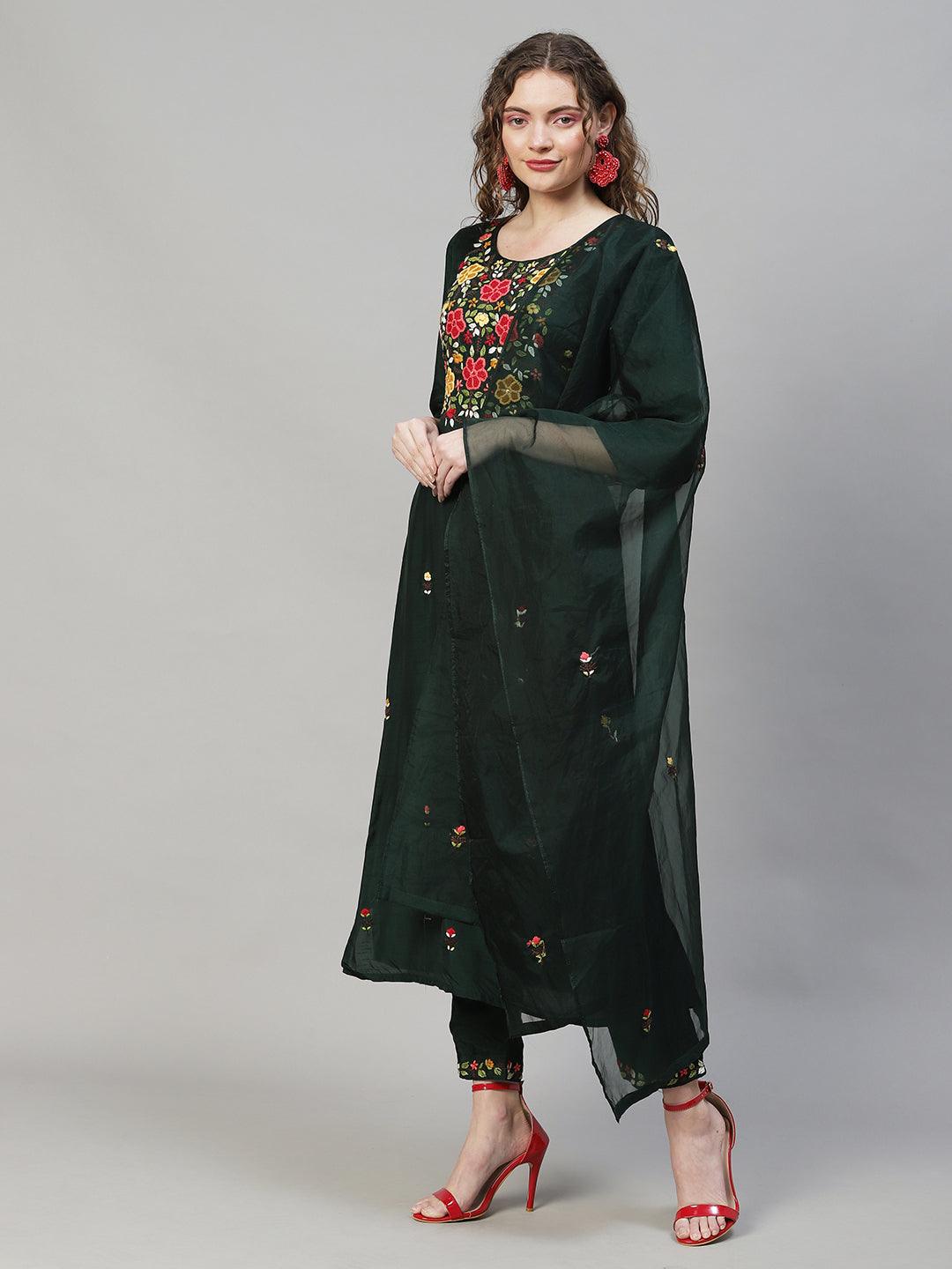 Floral Hand Embroidered Kurta with Pants & Dupatta - Dark Green - Indiakreations