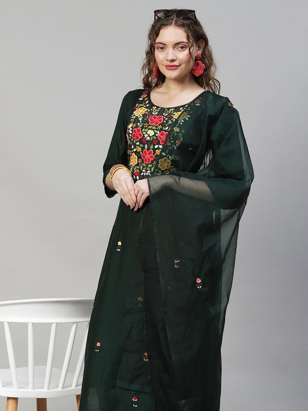 Floral Hand Embroidered Kurta with Pants & Dupatta - Dark Green - Indiakreations