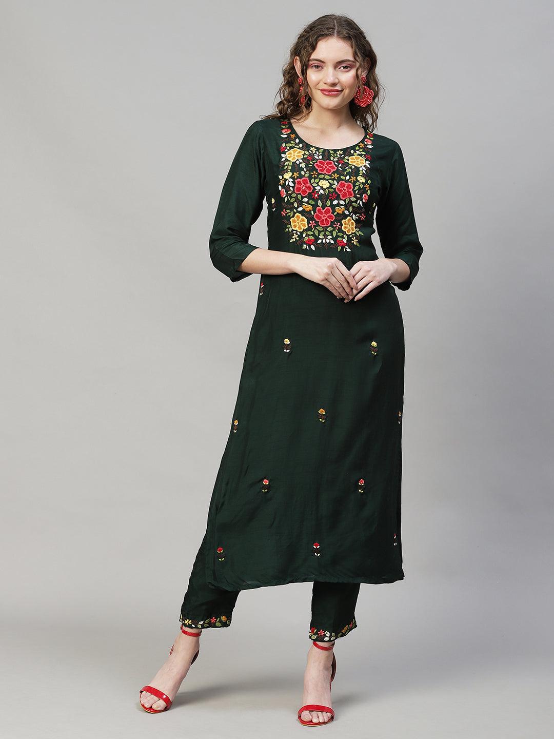 Floral Hand Embroidered Kurta with Pants & Dupatta - Dark Green - Indiakreations