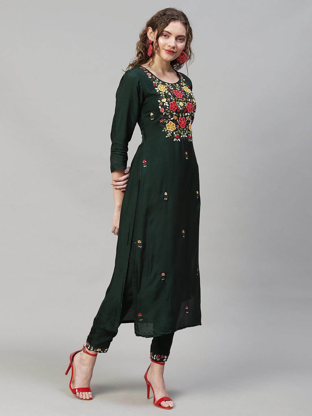 Floral Hand Embroidered Kurta with Pants & Dupatta - Dark Green - Indiakreations