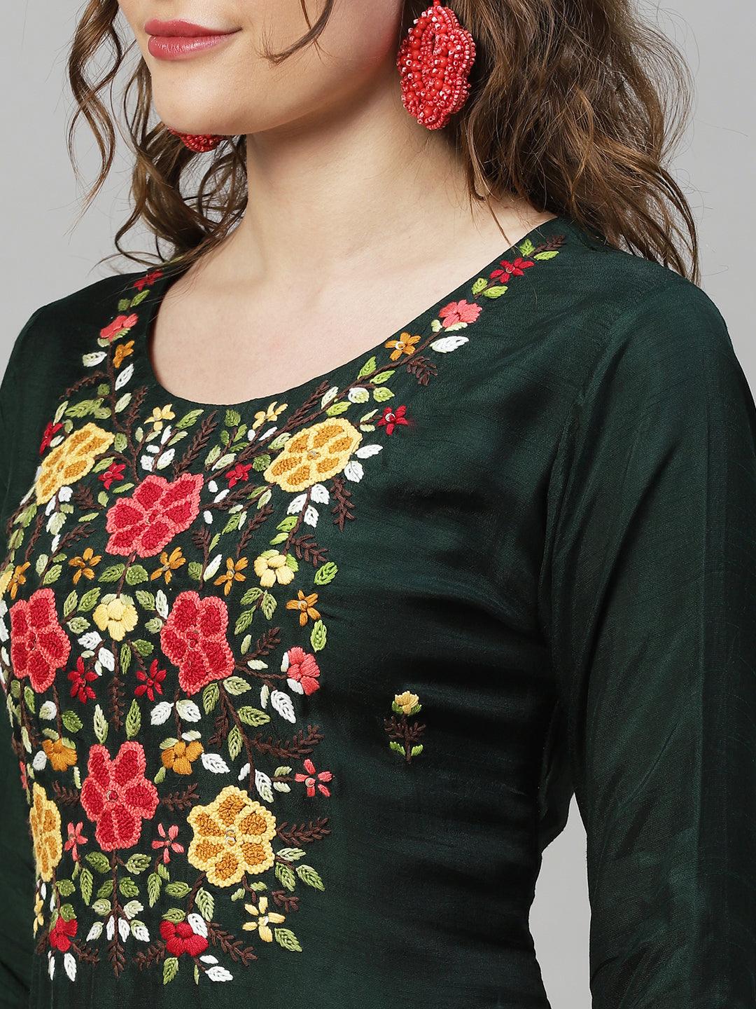 Floral Hand Embroidered Kurta with Pants & Dupatta - Dark Green - Indiakreations