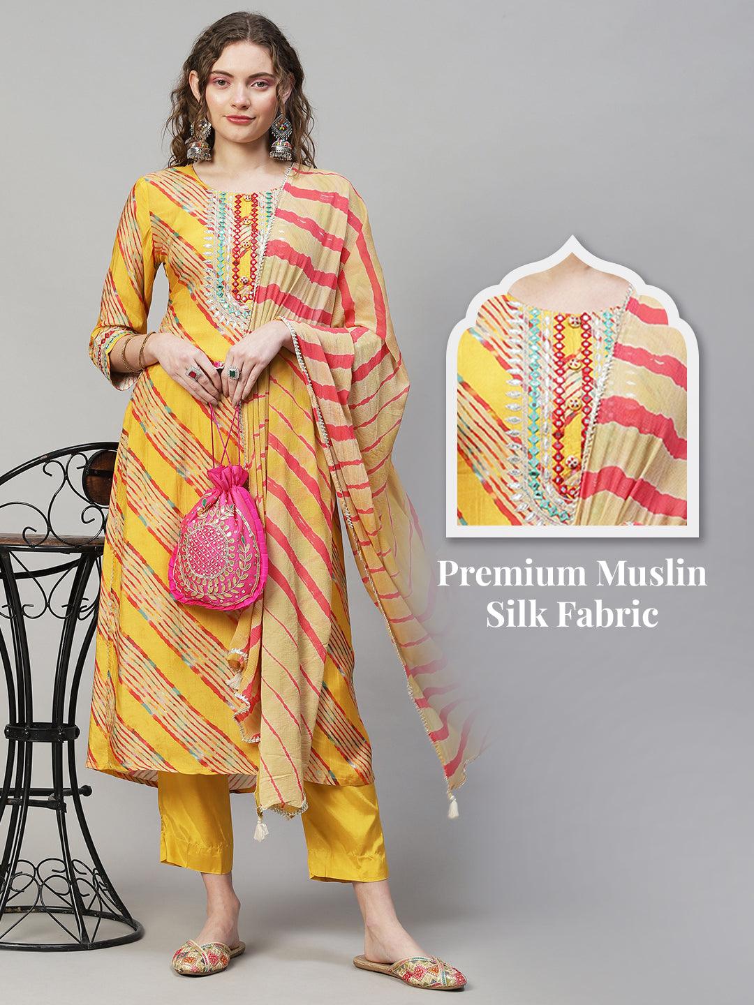 Leheriya Printed & Embroidered Kurta with Pants & Dupatta - Yellow - Indiakreations