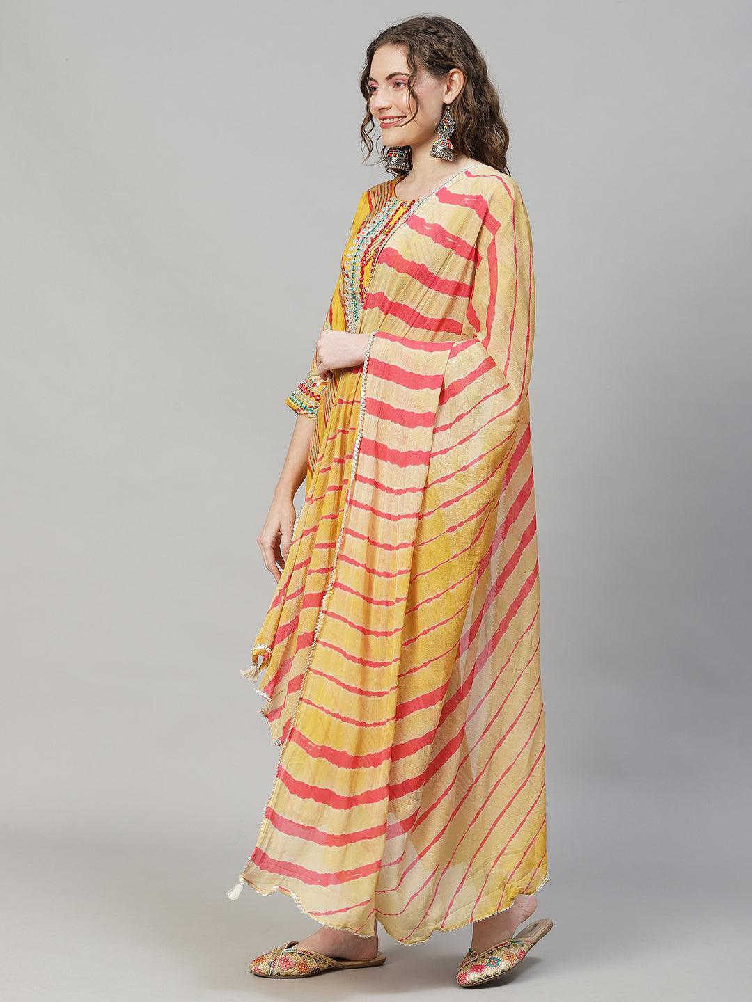 Leheriya Printed & Embroidered Kurta with Pants & Dupatta - Yellow - Indiakreations