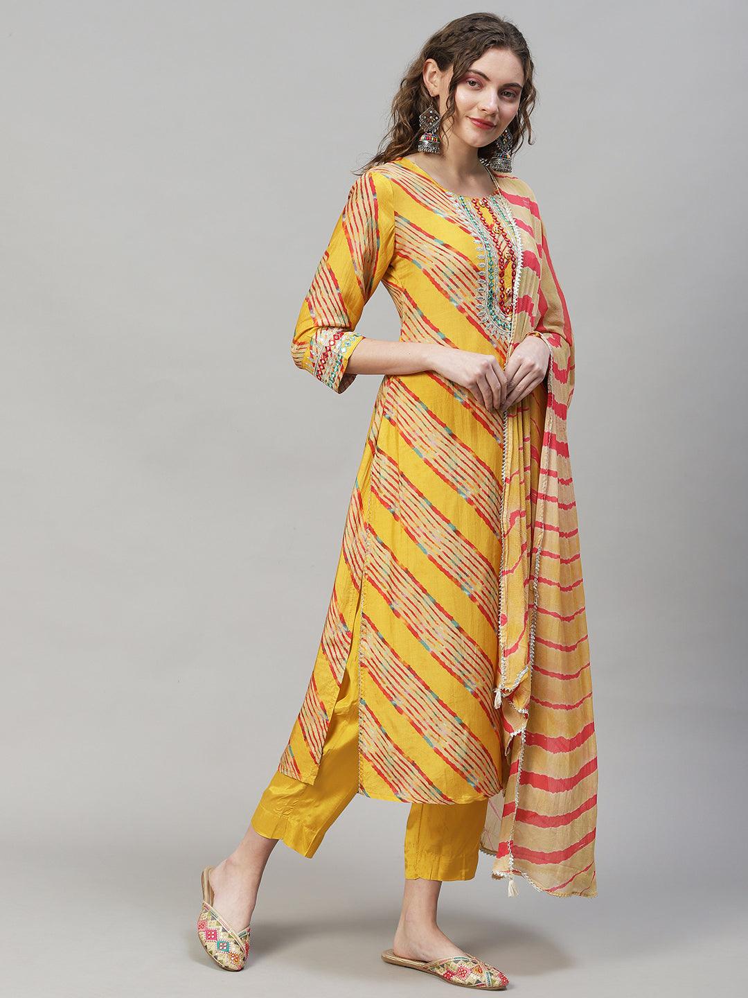 Leheriya Printed & Embroidered Kurta with Pants & Dupatta - Yellow - Indiakreations