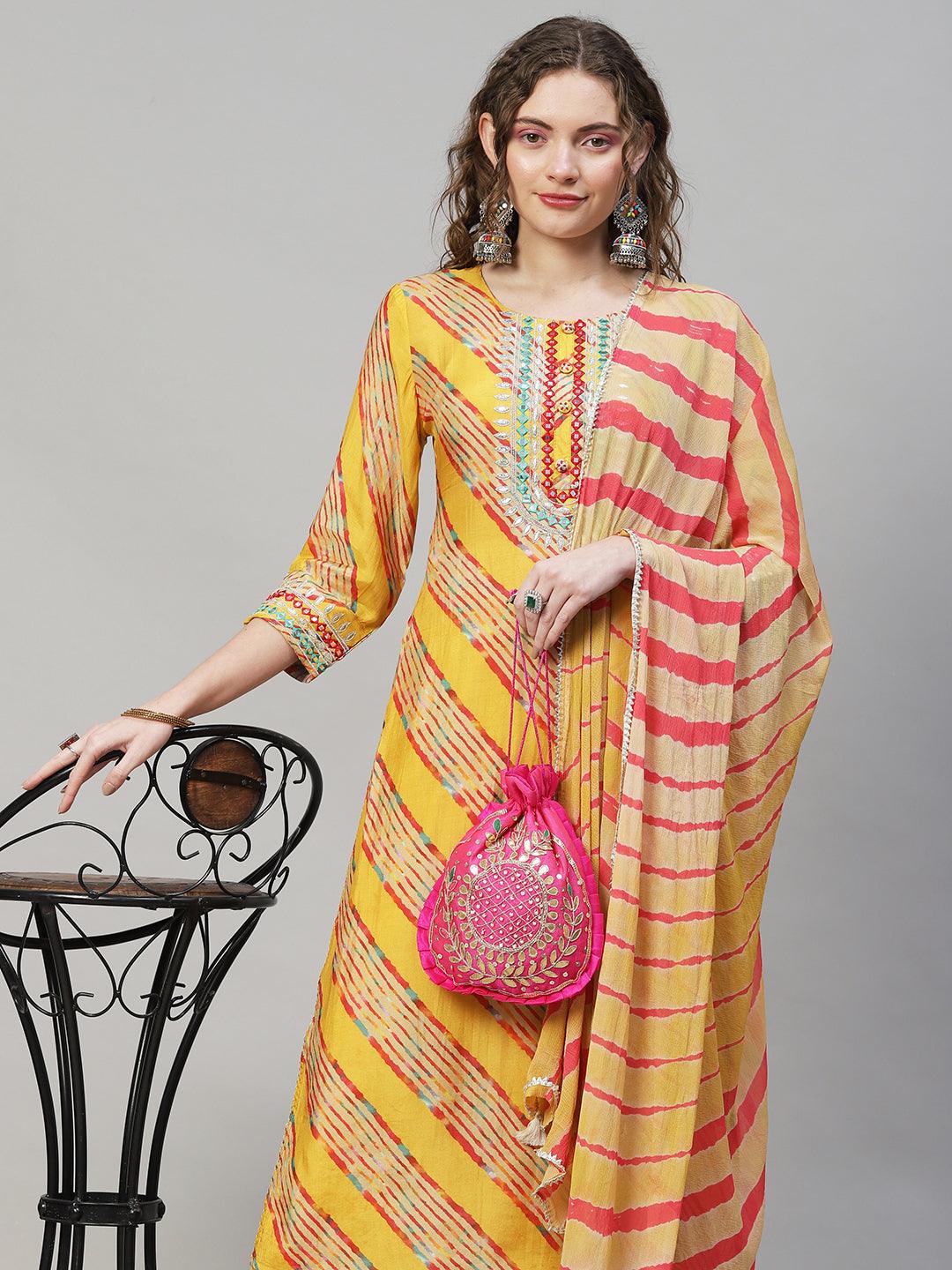 Leheriya Printed & Embroidered Kurta with Pants & Dupatta - Yellow - Indiakreations