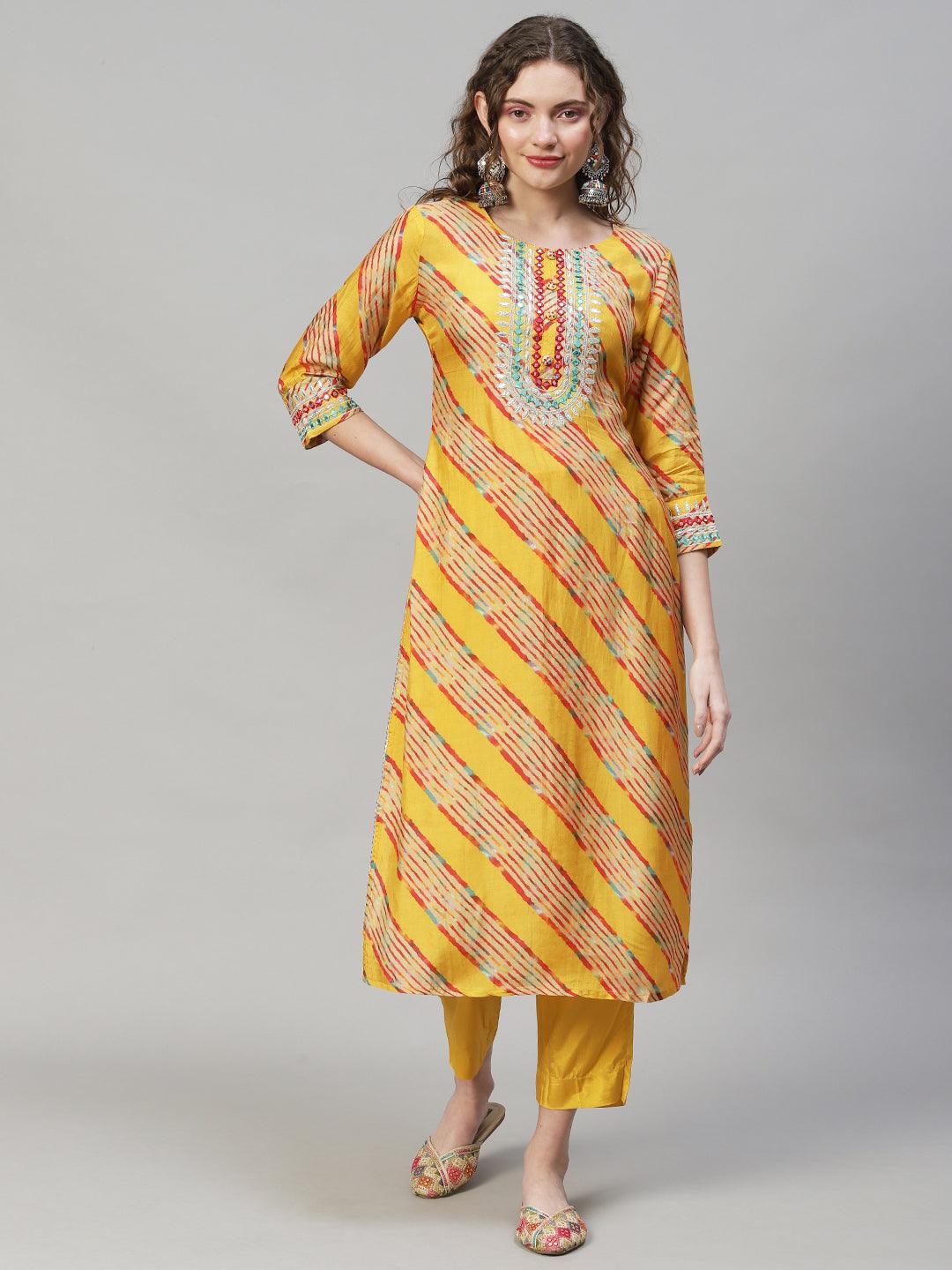 Leheriya Printed & Embroidered Kurta with Pants & Dupatta - Yellow - Indiakreations