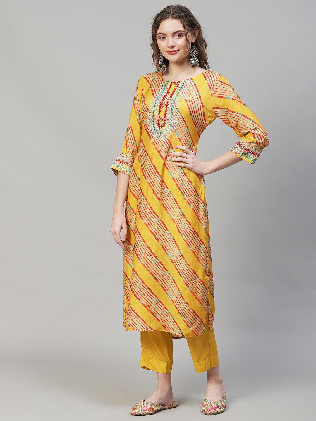 Leheriya Printed & Embroidered Kurta with Pants & Dupatta - Yellow - Indiakreations