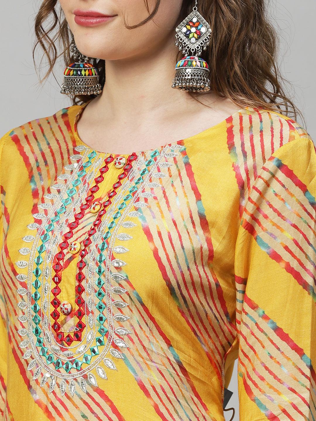 Leheriya Printed & Embroidered Kurta with Pants & Dupatta - Yellow - Indiakreations