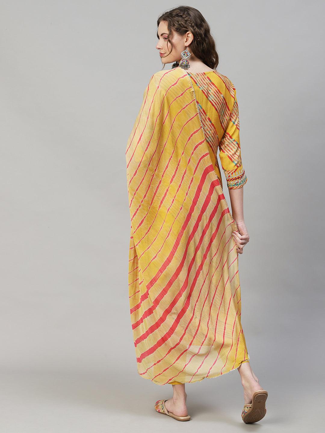 Leheriya Printed & Embroidered Kurta with Pants & Dupatta - Yellow - Indiakreations