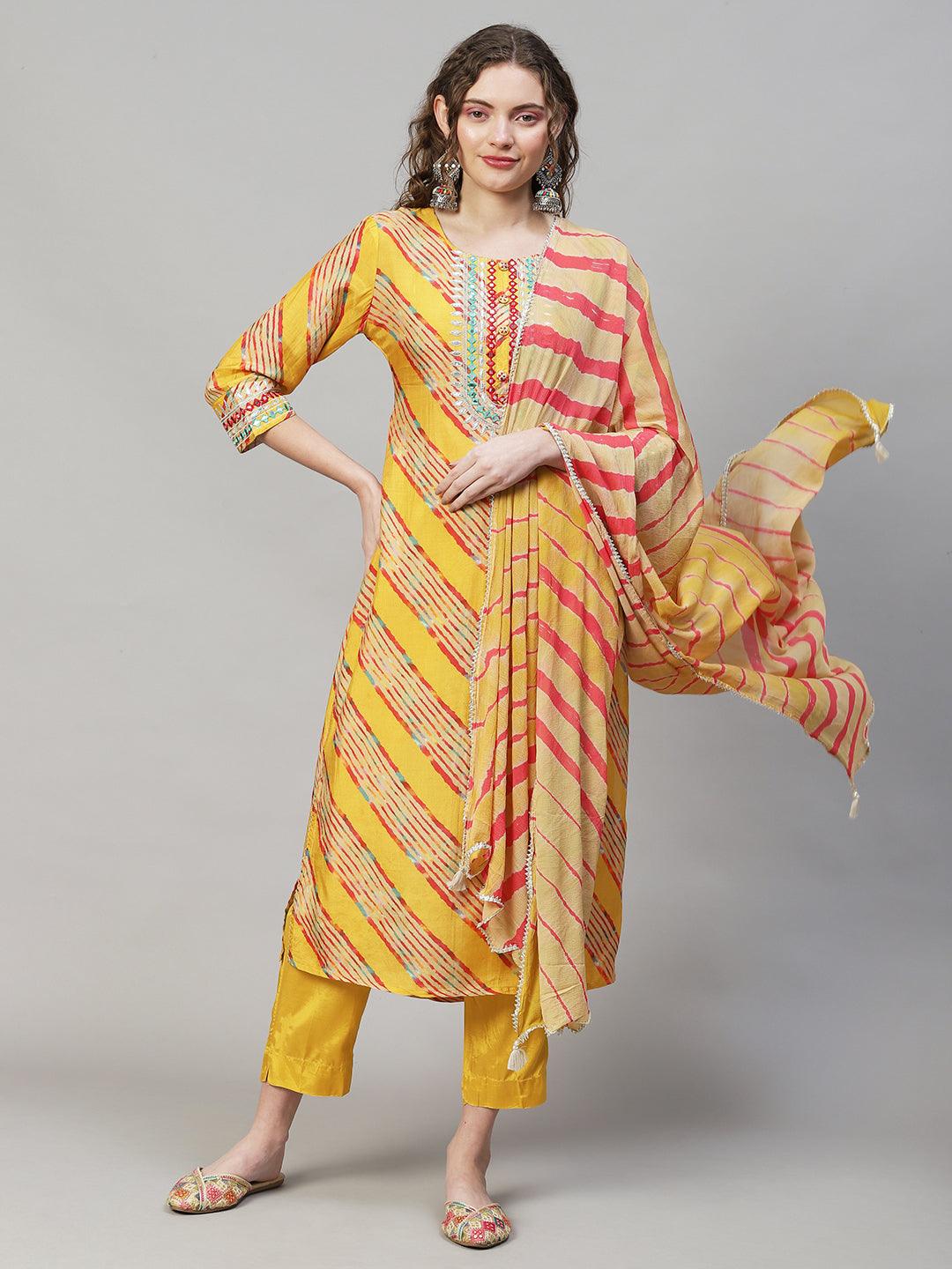 Leheriya Printed & Embroidered Kurta with Pants & Dupatta - Yellow - Indiakreations