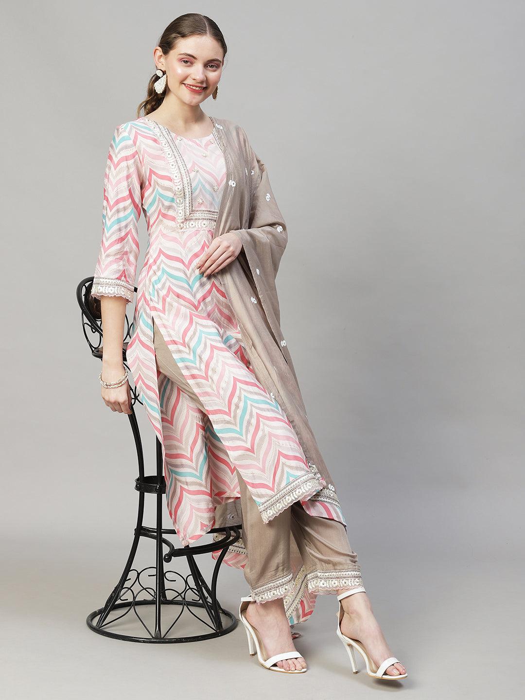 Ethnic Printed & Embroidered Straight Kurta with Pants & Dupatta - Multi - Indiakreations