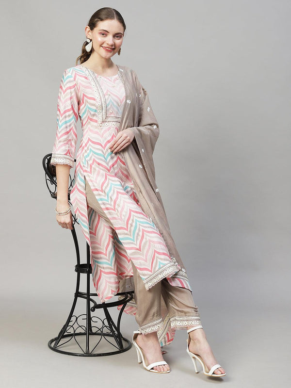 Ethnic Printed & Embroidered Straight Kurta with Pants & Dupatta - Multi - Indiakreations