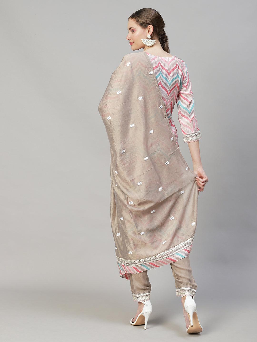 Ethnic Printed & Embroidered Straight Kurta with Pants & Dupatta - Multi - Indiakreations