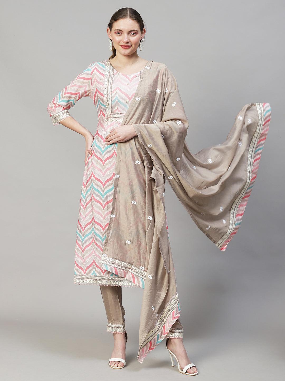 Ethnic Printed & Embroidered Straight Kurta with Pants & Dupatta - Multi - Indiakreations