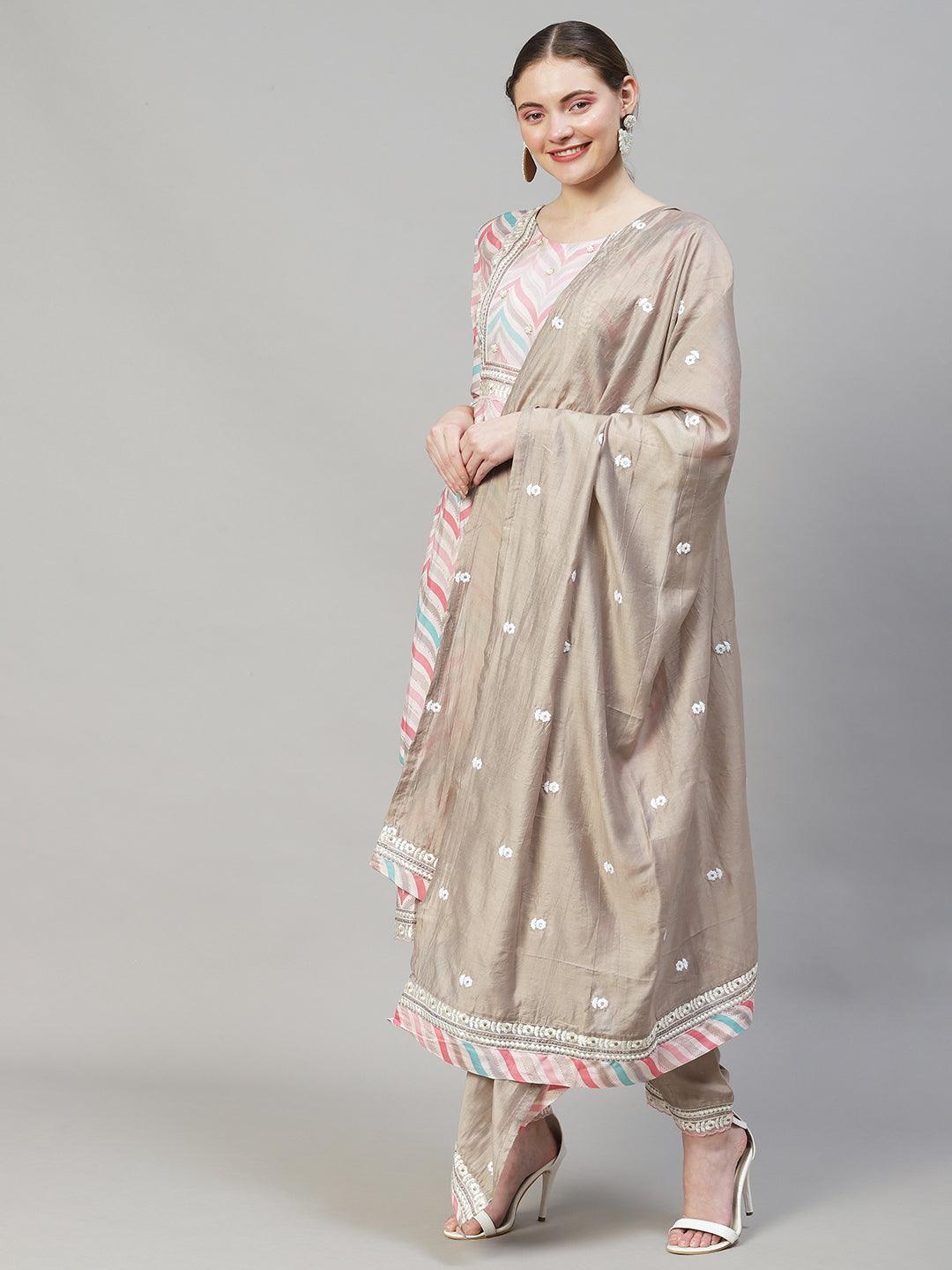 Ethnic Printed & Embroidered Straight Kurta with Pants & Dupatta - Multi - Indiakreations