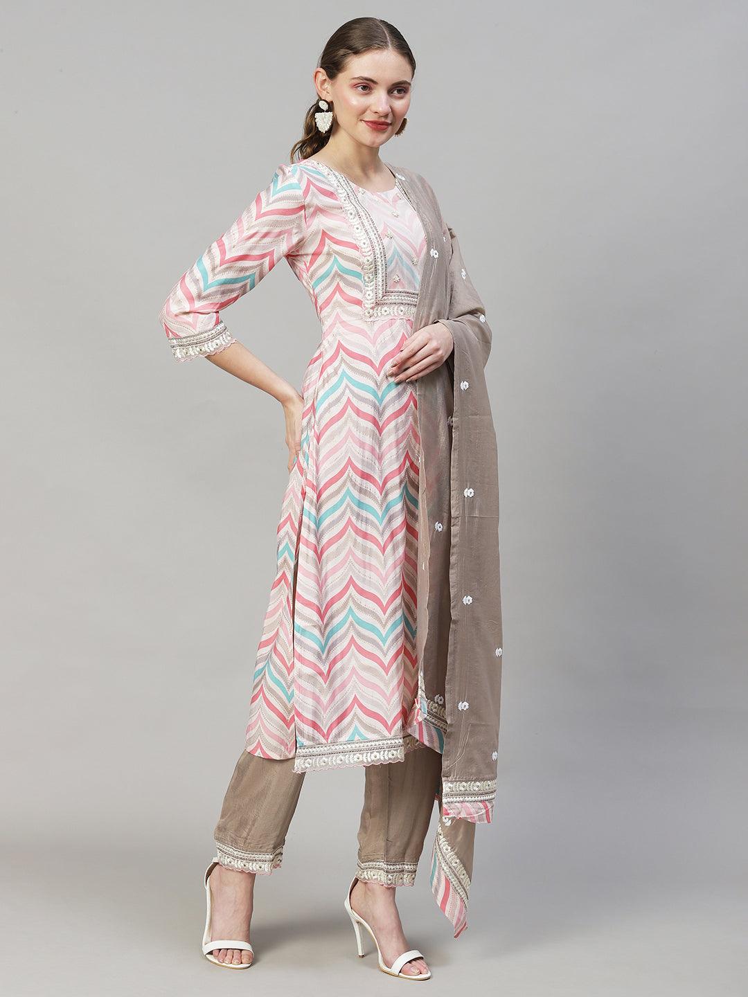 Ethnic Printed & Embroidered Straight Kurta with Pants & Dupatta - Multi - Indiakreations