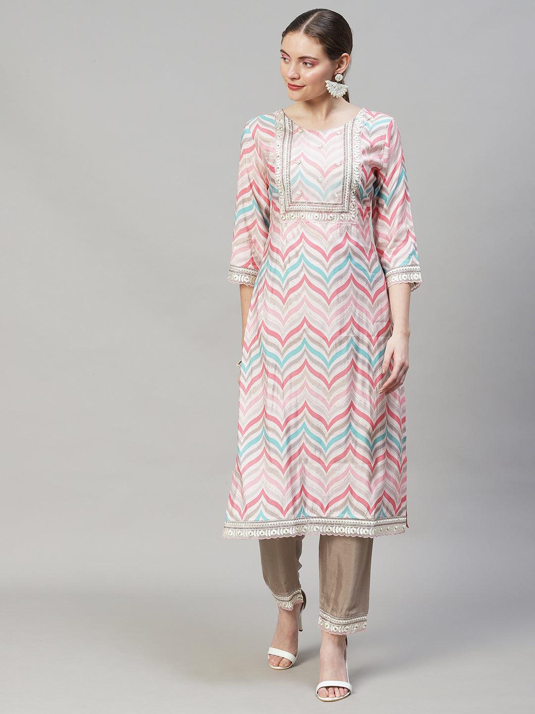 Ethnic Printed & Embroidered Straight Kurta with Pants & Dupatta - Multi - Indiakreations