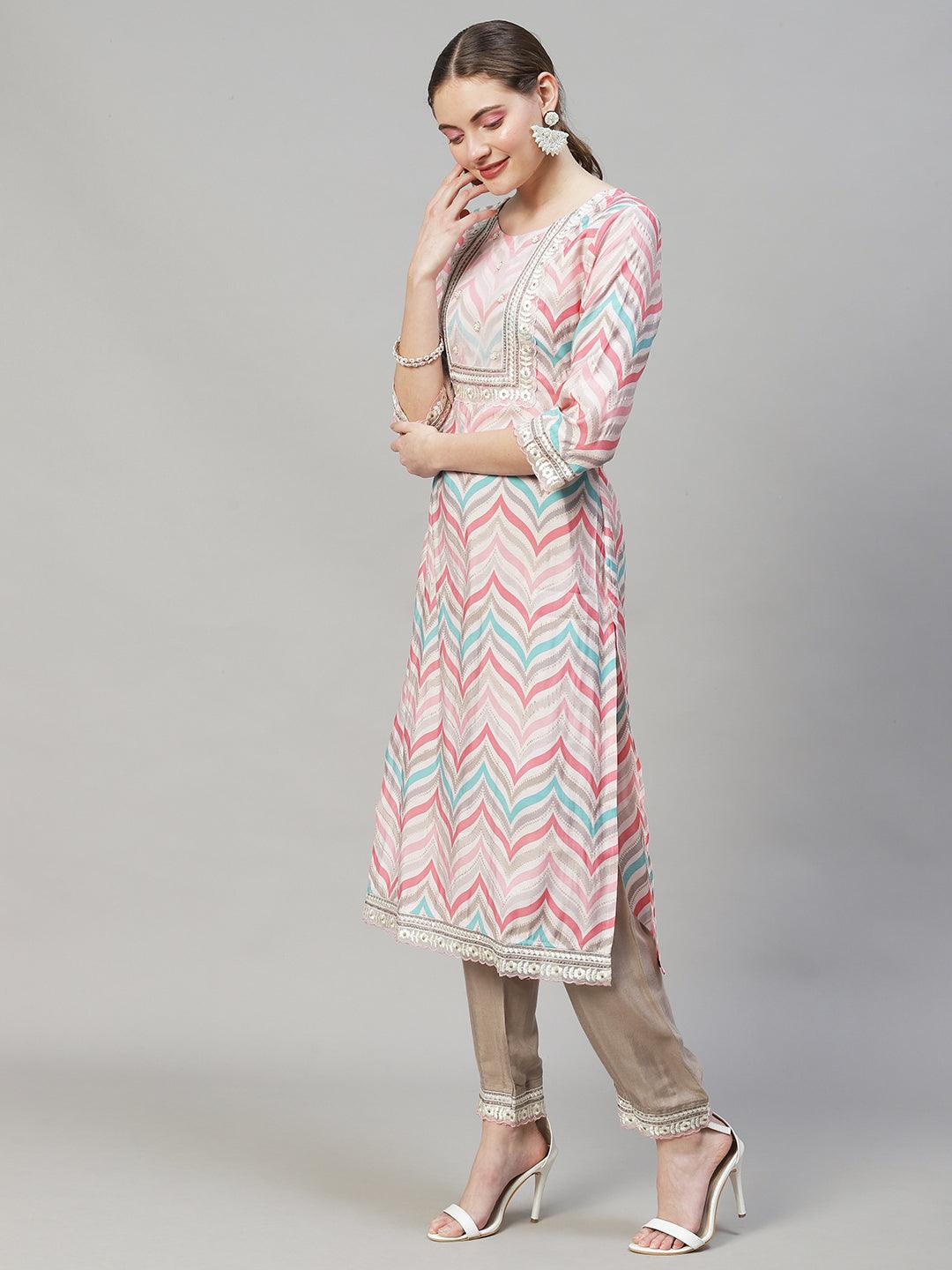 Ethnic Printed & Embroidered Straight Kurta with Pants & Dupatta - Multi - Indiakreations