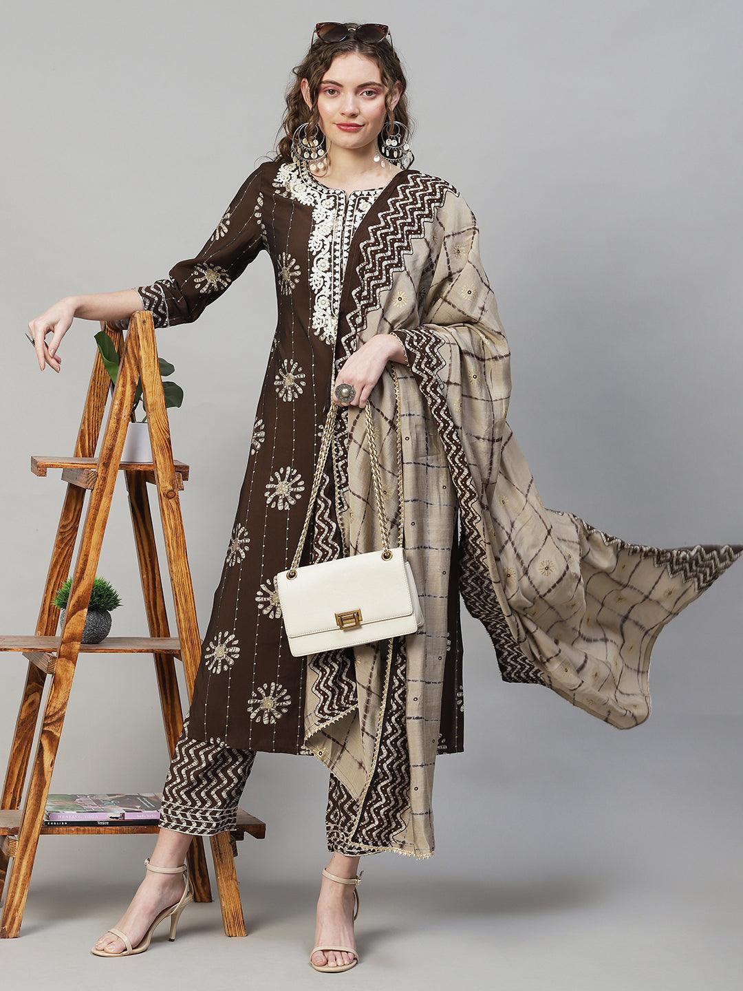 Ethnic Printed & Embroidered Kurta with Pants & Dupatta - Dark Brown - Indiakreations