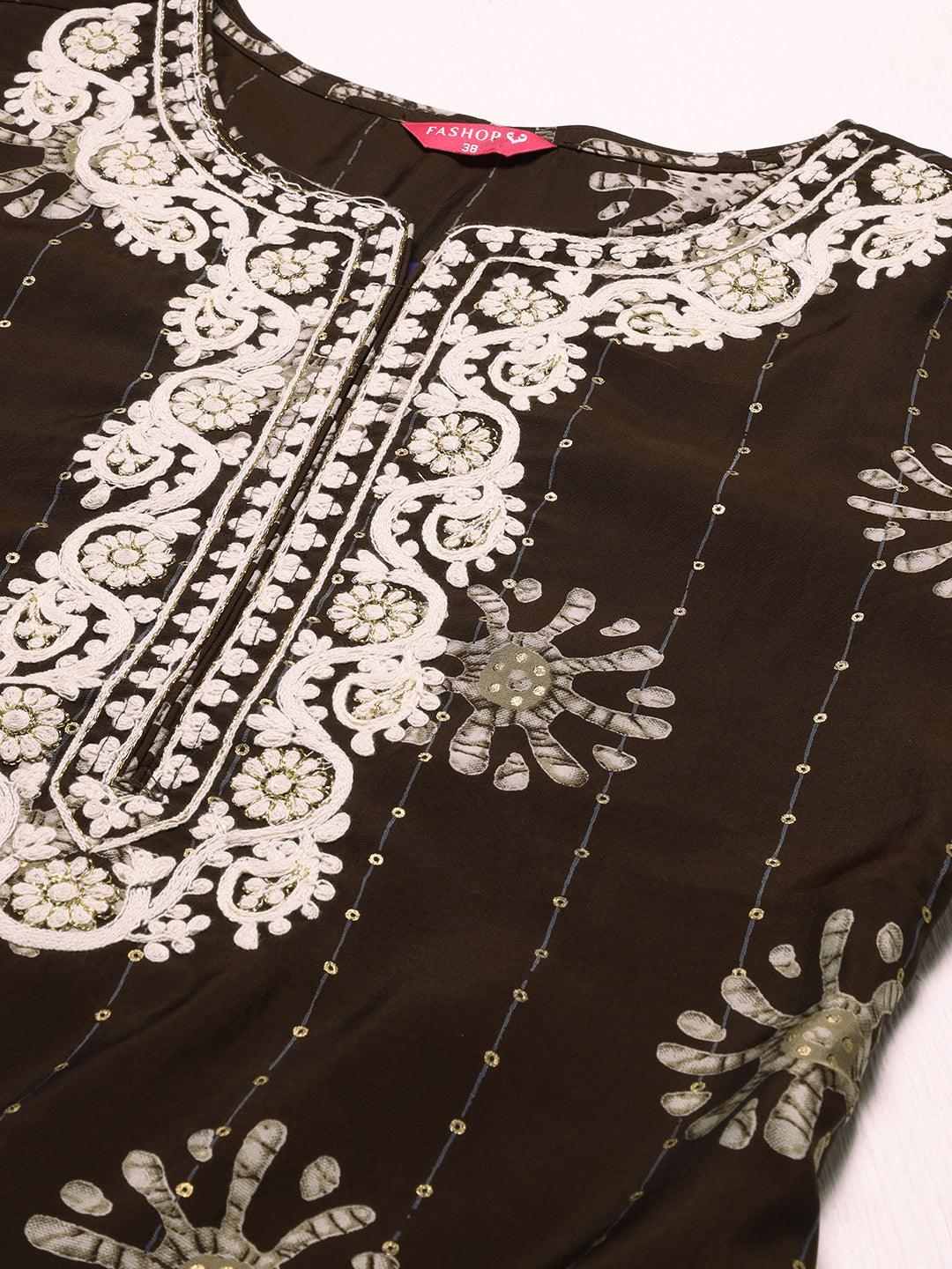 Ethnic Printed & Embroidered Kurta with Pants & Dupatta - Dark Brown - Indiakreations