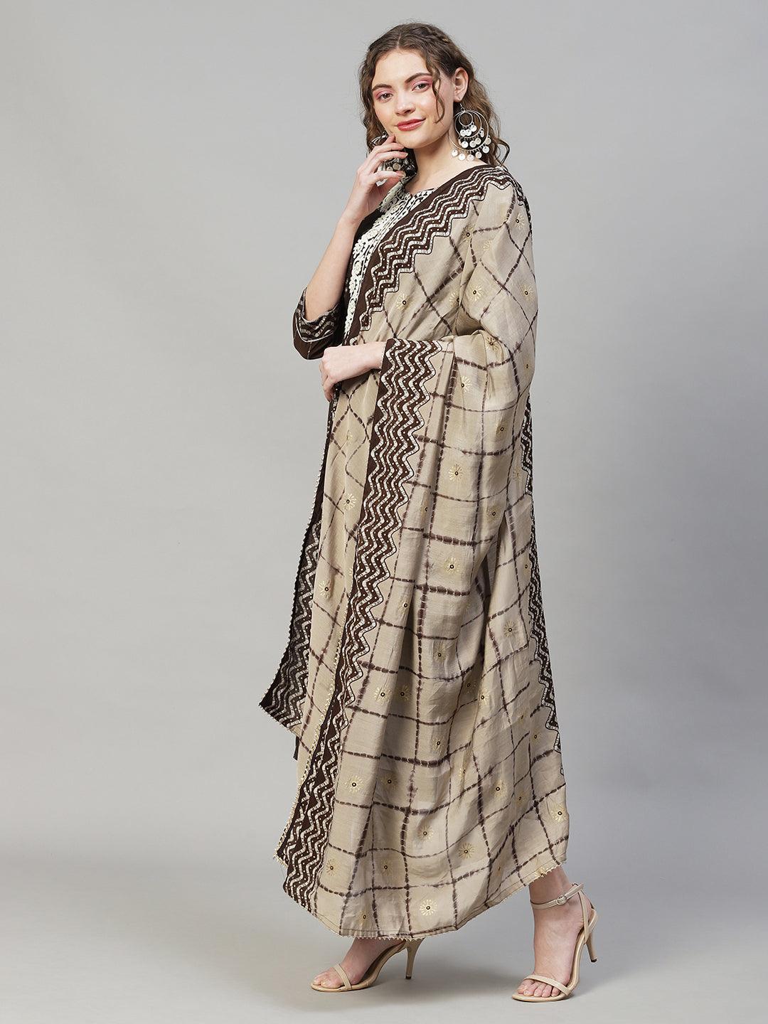 Ethnic Printed & Embroidered Kurta with Pants & Dupatta - Dark Brown - Indiakreations