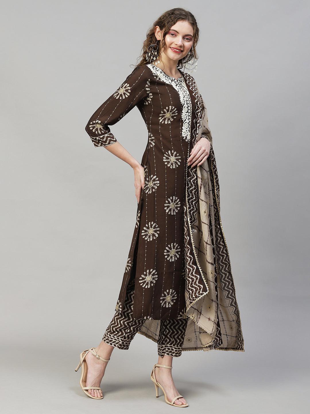 Ethnic Printed & Embroidered Kurta with Pants & Dupatta - Dark Brown - Indiakreations