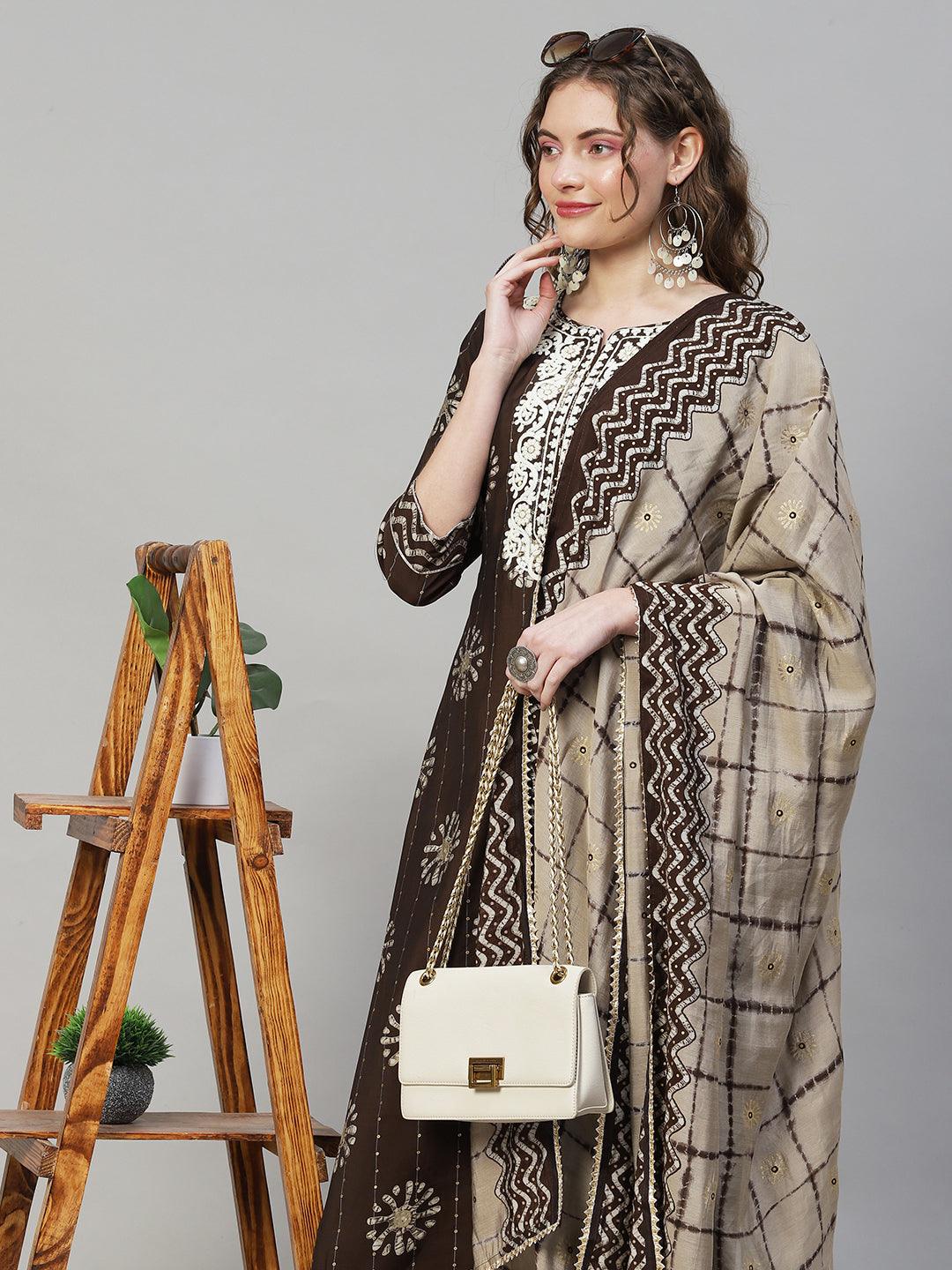 Ethnic Printed & Embroidered Kurta with Pants & Dupatta - Dark Brown - Indiakreations