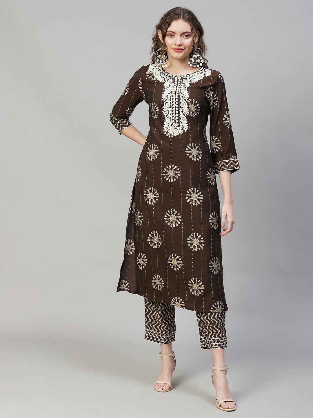 Ethnic Printed & Embroidered Kurta with Pants & Dupatta - Dark Brown - Indiakreations