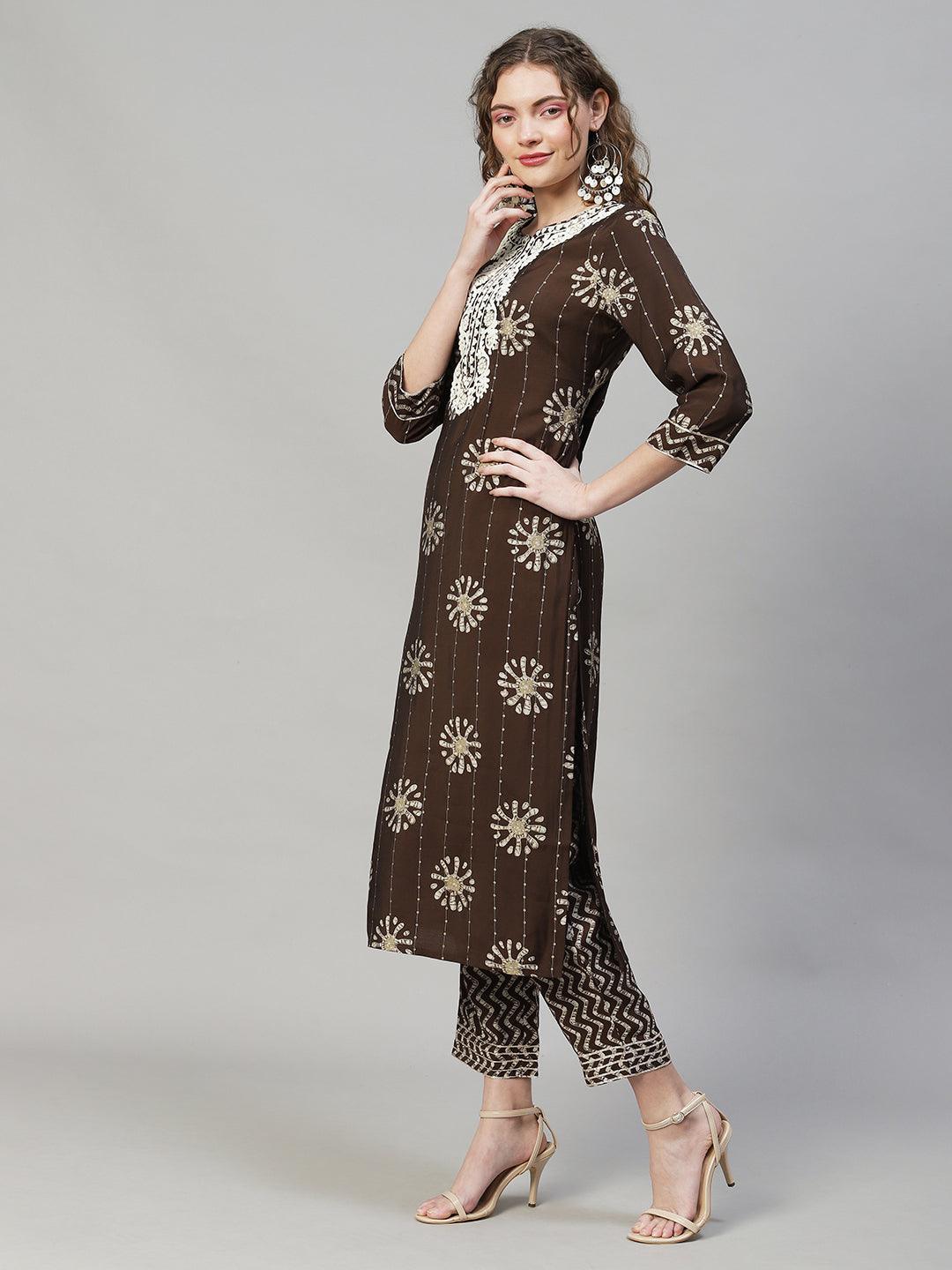 Ethnic Printed & Embroidered Kurta with Pants & Dupatta - Dark Brown - Indiakreations