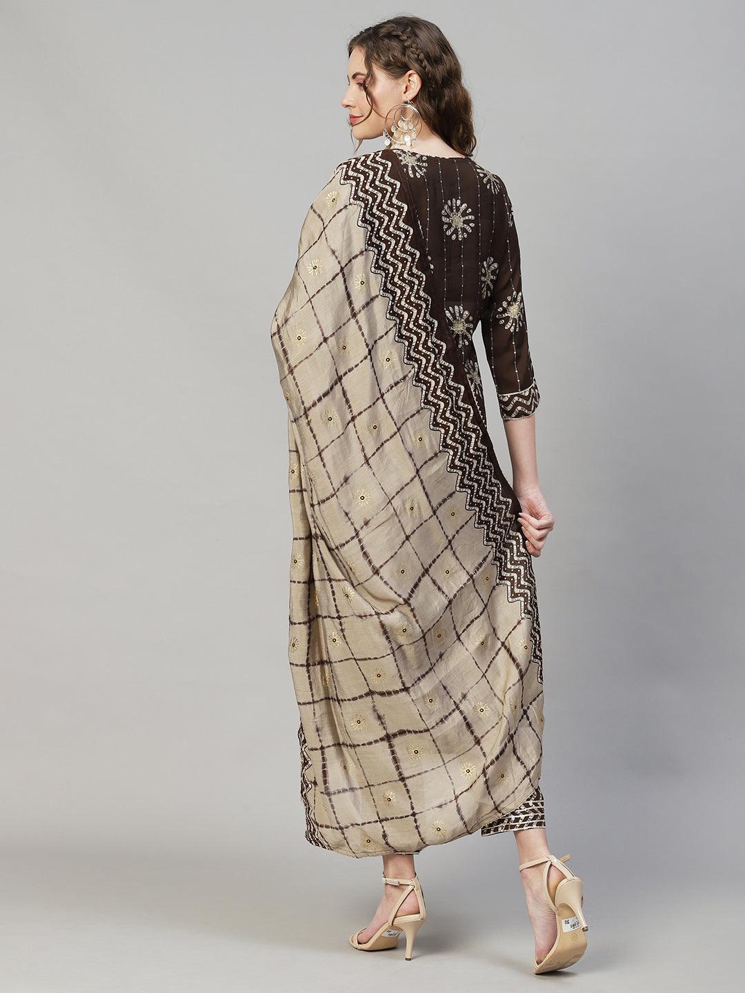 Ethnic Printed & Embroidered Kurta with Pants & Dupatta - Dark Brown - Indiakreations