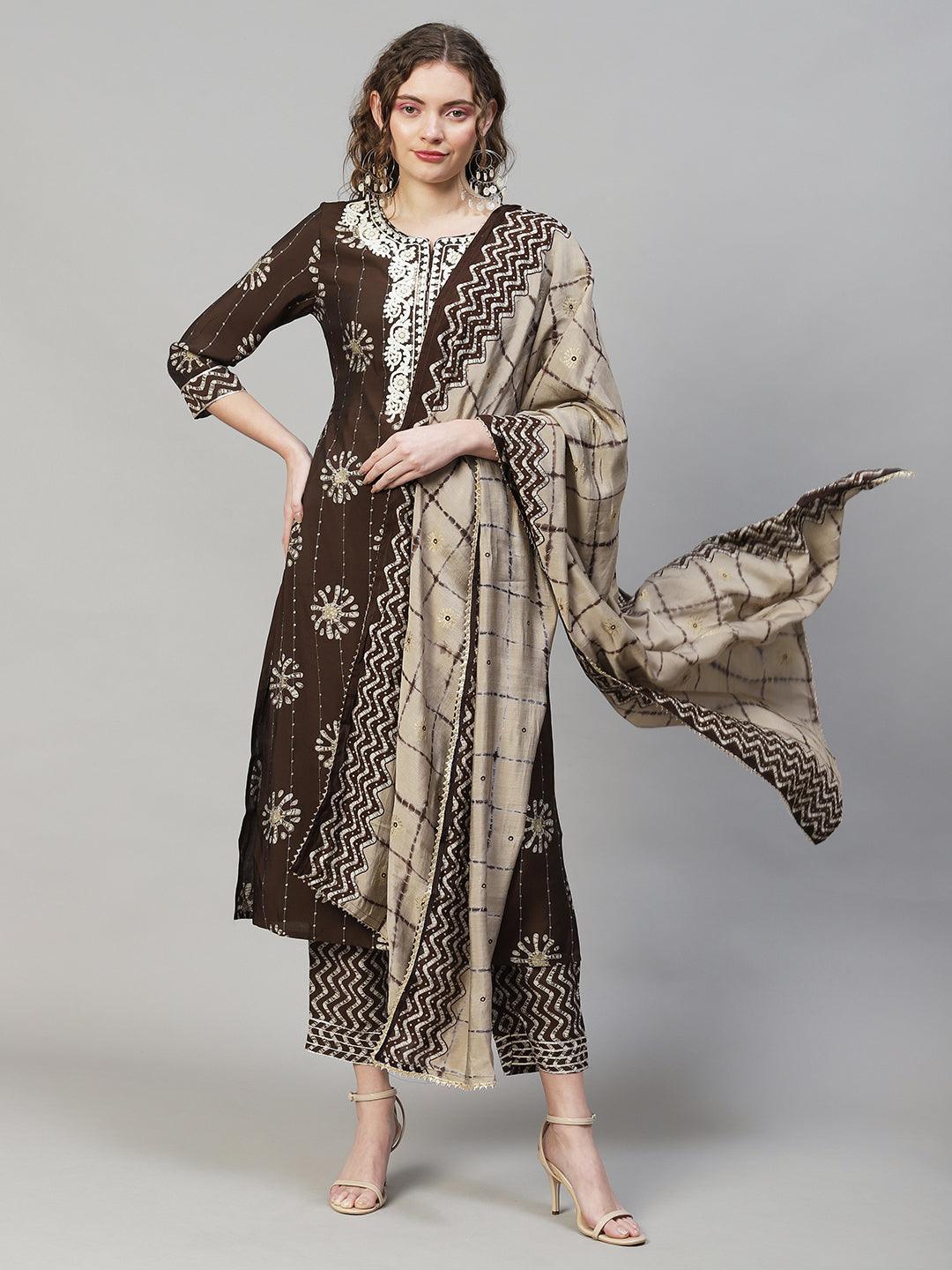 Ethnic Printed & Embroidered Kurta with Pants & Dupatta - Dark Brown - Indiakreations